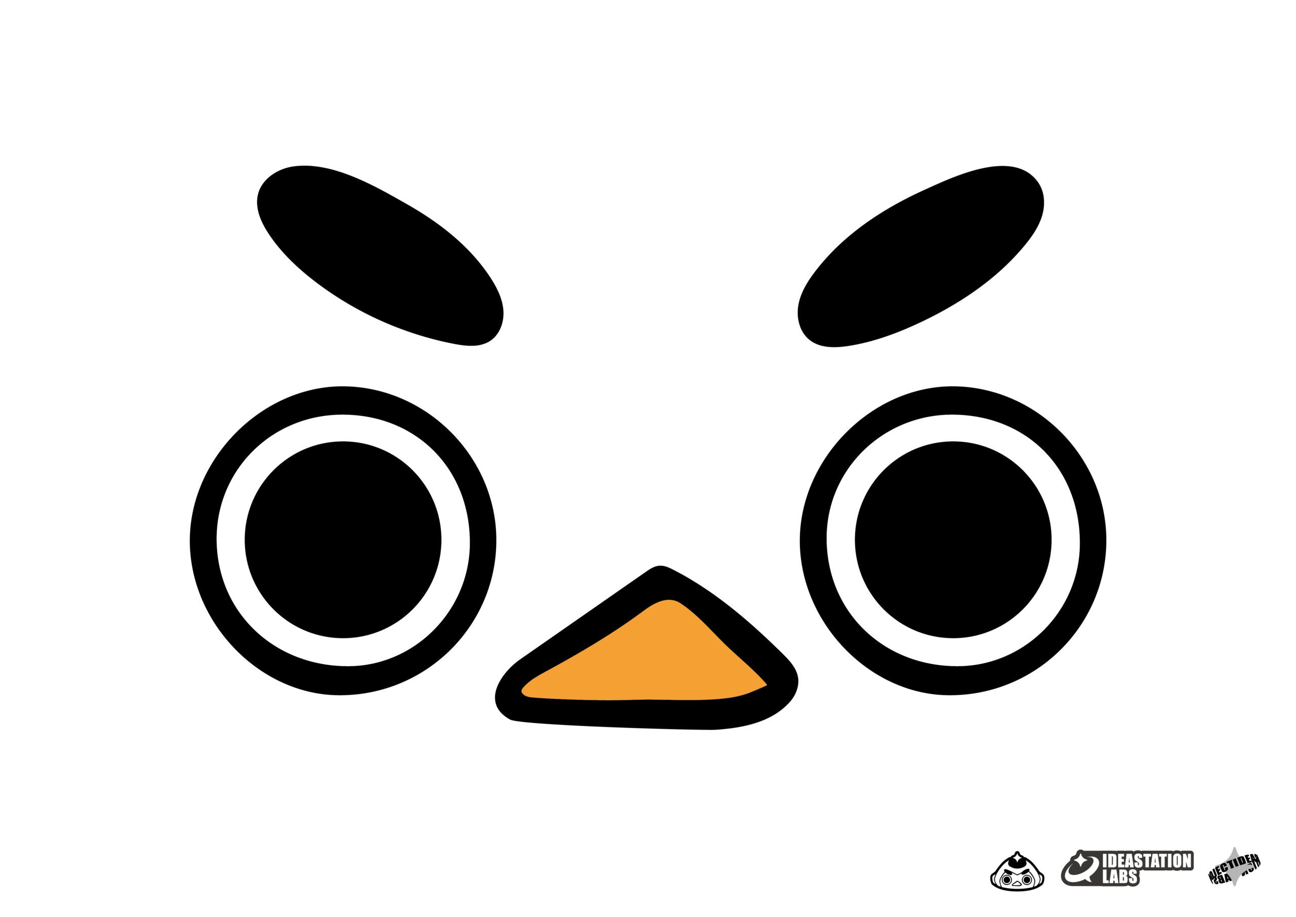 貓頭鷹吉祥物的黑色眉毛、圓眼與橙色鳥喙。